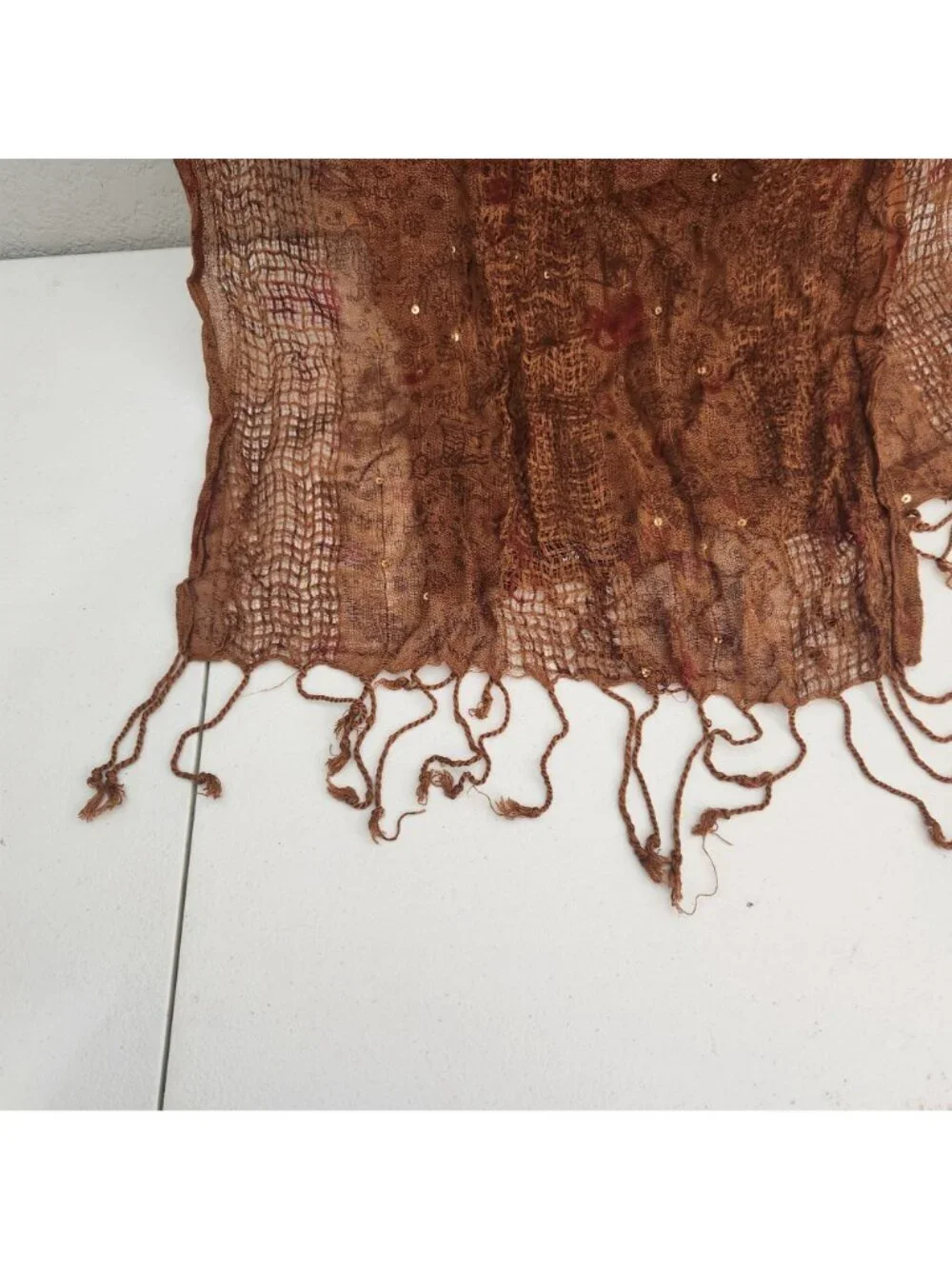 Lightweight Brown Paisley Sequin Scarf With Fringe Detail - Made In India - 100%